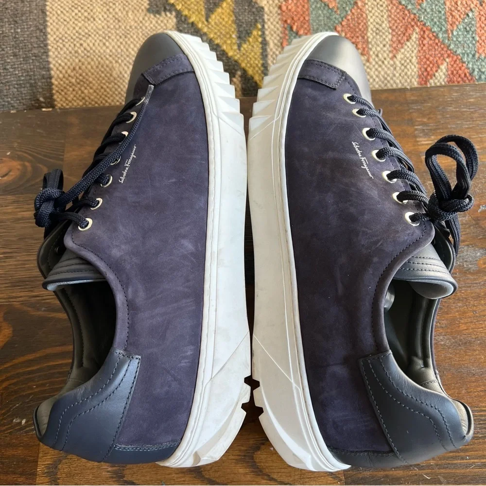Salvatore Ferragamo $895 Cube Suede & Leather Low-Top Sneakers Navy - Picture 11 of 14